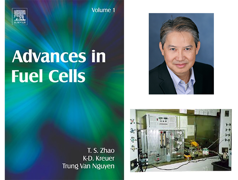 Trung Nguyen along with a journal cover from Advances in Fuel Cells and a lab picture