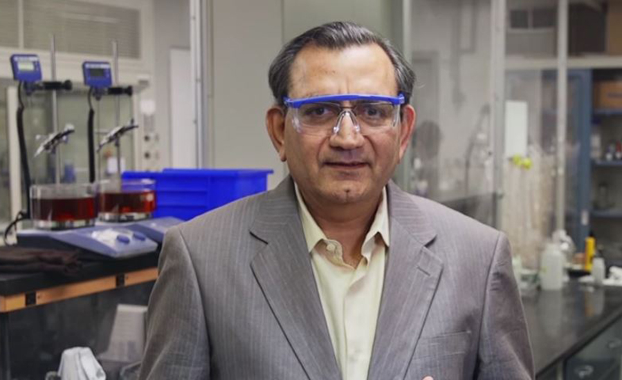 Bala Subramaniam pictured in his research lab wearing lab glasses