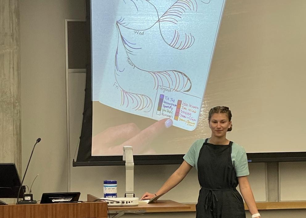 Student describing their artistic drawing to explain the scale of a concept
