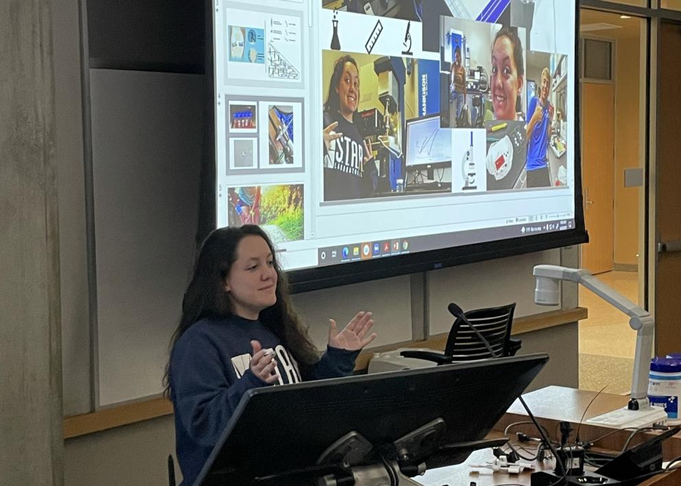 Student answering questions after a PechaKucha style presentation 