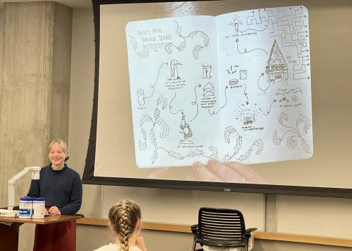 Student explaining their artistic drawing of a personal journey