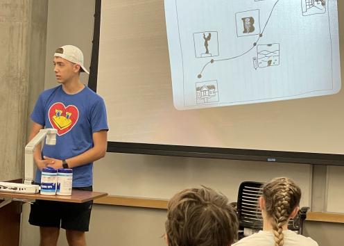 Student talking to class about their drawing for a journey