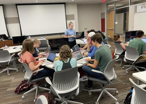 REU students working on laptops in LEEP2 classroom