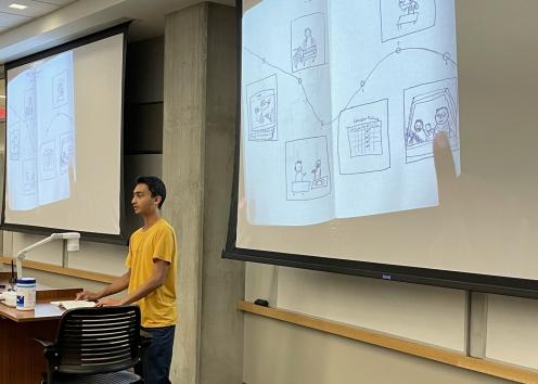 Student describing to the class their drawing of a journey