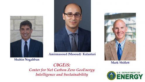 An image with the center's title and pictures of Masoud Kalantari, Shahin Negahban, and Mark Shiflett plus the DOE logo