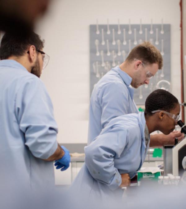three people in a lab, one looking through a microscope